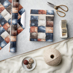 Blauw Wit Bruin Oranje Rechthoeken Verjaardag Cadeaupapier