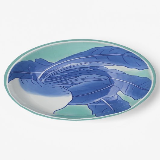 Blauw Wit Celadon Chinoiserie Turnip Faux China Papieren Bordje (Gekanteld)