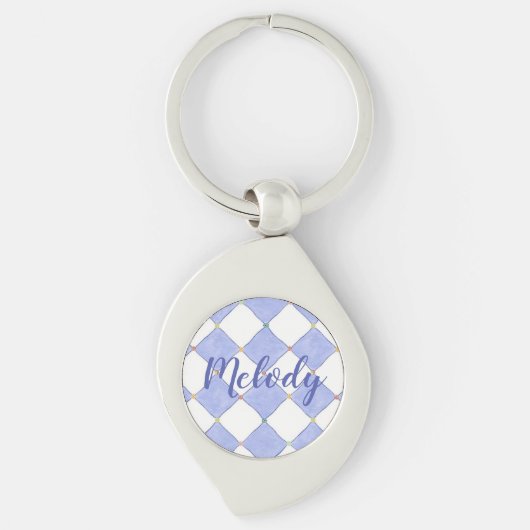 Blauw-wit cheques Gepersonaliseerde Sleutelhanger (Voorkant)