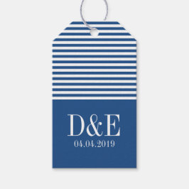 Blauw wit chevron streep bruiloft gunst cadeau lab cadeaulabel