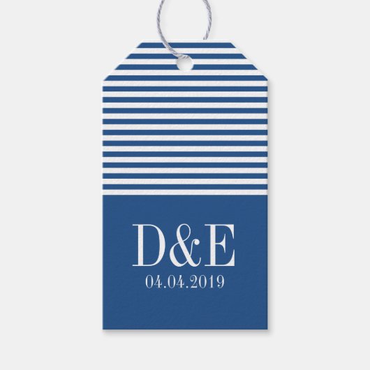 Blauw wit chevron streep bruiloft gunst cadeau lab cadeaulabel (Voorkant)