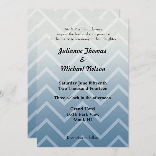 Blauw Wit Chevron Zigzag Stripes Huwelijk Kaart (Voorkant / Achterkant)