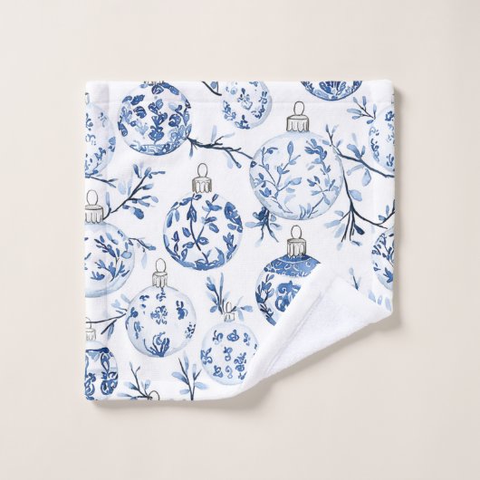 Blauw Wit Chic Bloemen Kerst Ornamenten Bad Handdoek (Wasdoekje)