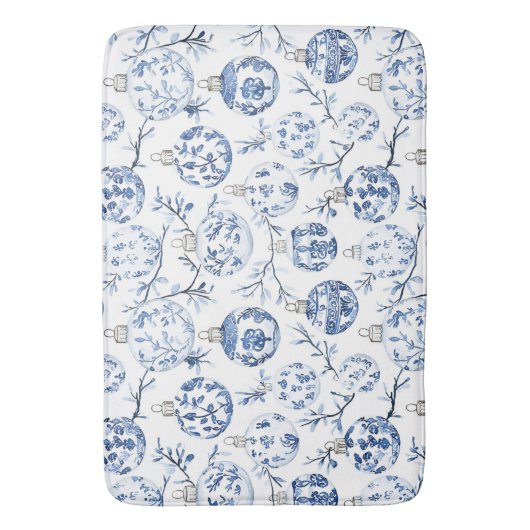 Blauw Wit Chic Bloemen Kerst Ornamenten Badmat (Voorkant Verticaal)