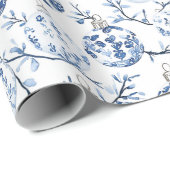 Blauw Wit Chic Bloemen Kerst Ornamenten Cadeaupapier (Rol Hoek)