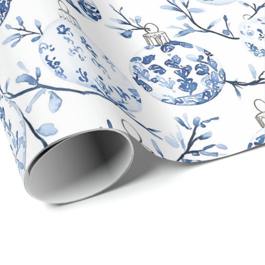 Blauw Wit Chic Bloemen Kerst Ornamenten Cadeaupapier (Rol Hoek)