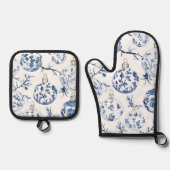 Blauw Wit Chic Bloemen Kerst Ornamenten Ovenwant & Pannenlap Set (Voorkant)