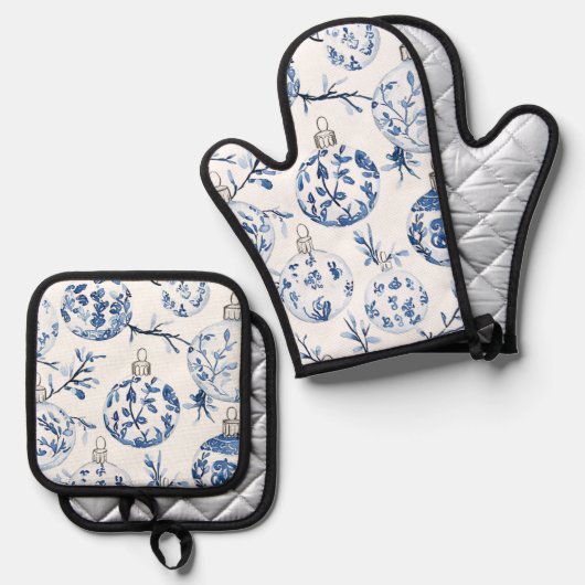 Blauw Wit Chic Bloemen Kerst Ornamenten Ovenwant & Pannenlap Set (Voorkant / Achterkant)