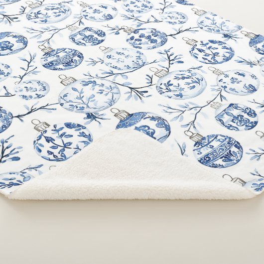 Blauw Wit Chic Bloemen Kerst Ornamenten Sherpa Deken (3/4)