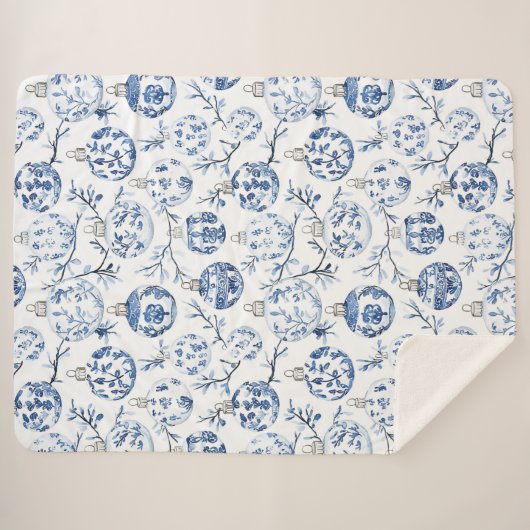 Blauw Wit Chic Bloemen Kerst Ornamenten Sherpa Deken (Voorkant (horizontaal))