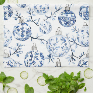 Blauw Wit Chic Bloemen Kerst Ornamenten Theedoek