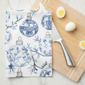 Blauw Wit Chic Bloemen Kerst Ornamenten Theedoek (Quarter Fold)