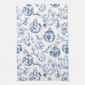 Blauw Wit Chic Bloemen Kerst Ornamenten Theedoek (Verticaal)