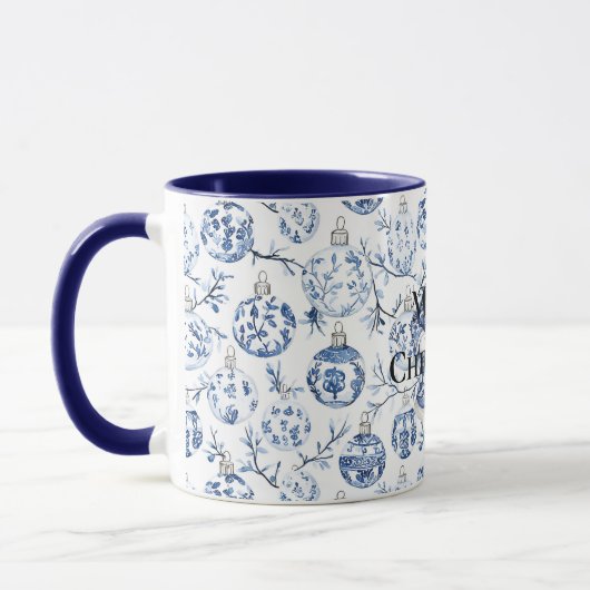 Blauw Wit Chic Kerstman & Ornamenten Mok (Links)