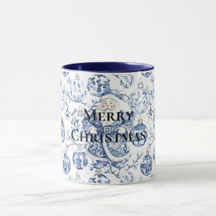 Blauw Wit Chic Kerstman & Ornamenten Mok