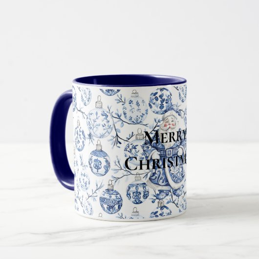 Blauw Wit Chic Kerstman & Ornamenten Mok (Voorkant links)