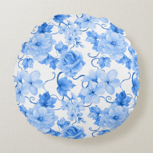 Blauw & Wit Chinoiserie Bloem Botanische Print Rond Kussen