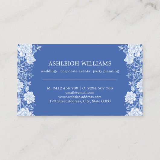 Blauw Wit Chinoiserie Bloemen Event Stylist Visitekaartje (Achterkant)