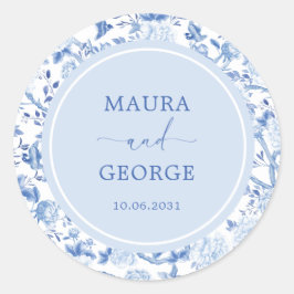 Blauw Wit Chinoiserie Bloemen Kustbruiloft Ronde Sticker