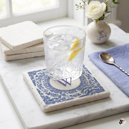 Blauw-Wit Chinoiserie Bloemen Monogram Stenen Onderzetter