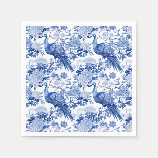 Blauw Wit Chinoiserie Bloemen Peacock Vogels Servet (Voorkant)