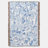 Blauw Wit Chinoiserie Bloemen Pioen Vogels Patroon Deken (Voorkant Verticaal)