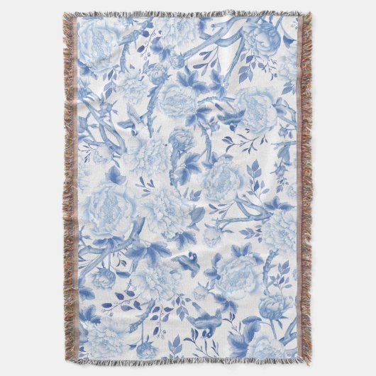 Blauw Wit Chinoiserie Bloemen Pioen Vogels Patroon Deken (Voorkant Verticaal)