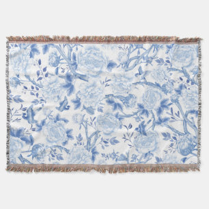 Blauw Wit Chinoiserie Bloemen Pioen Vogels Patroon Deken