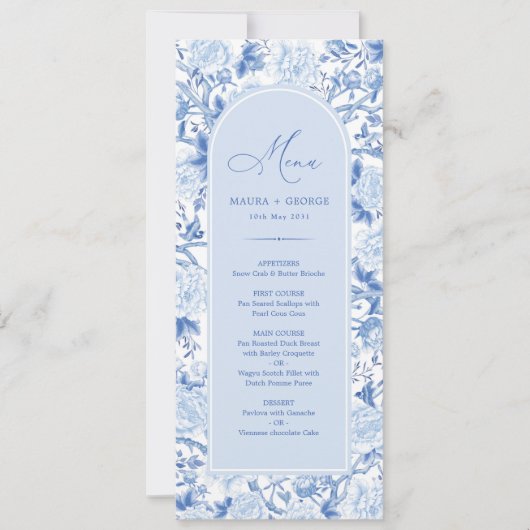 Blauw Wit Chinoiserie Bloemen Porselein Menu Kaart (Voorkant)
