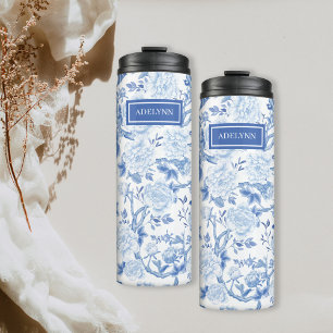 Blauw Wit Chinoiserie Bloemen Porselein Monogram Thermosbeker