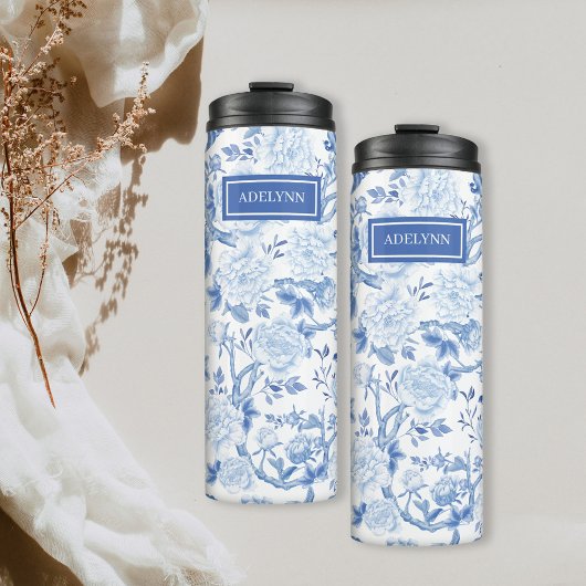 Blauw Wit Chinoiserie Bloemen Porselein Monogram Thermosbeker