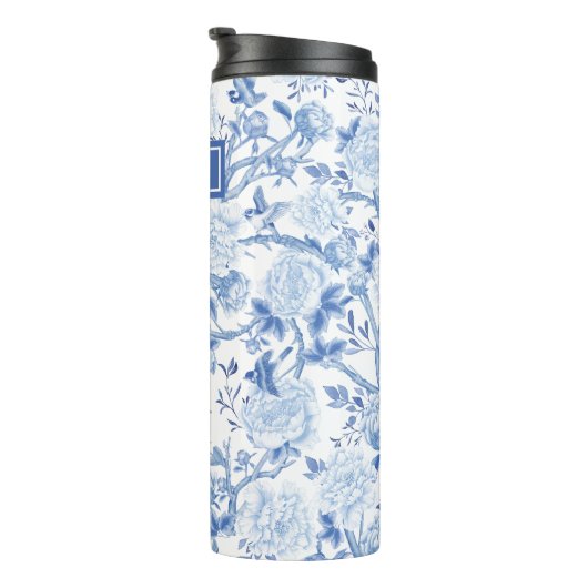 Blauw Wit Chinoiserie Bloemen Porselein Monogram Thermosbeker (Geroteerd rechts)