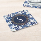 Blauw-wit chinoiserie bloemenmonogram kartonnen onderzetters (Schuin)