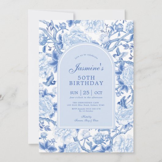 Blauw Wit Chinoiserie Bloementuin 50e verjaardag Kaart (Voorkant)