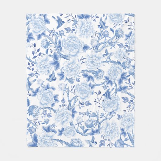 Blauw Wit Chinoiserie Bloementuin Patroon Fleece Deken (Voorkant)
