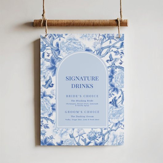 Blauw Wit Chinoiserie Bruiloft Signature Drinken Poster