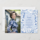 Blauw Wit Chinoiserie Floral 50e verjaardag Foto Kaart (Voorkant)
