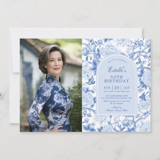 Blauw Wit Chinoiserie Floral 50e verjaardag Foto Kaart (Voorkant)
