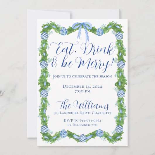 Blauw & Wit Chinoiserie Garland Kerstfeest Kaart (Voorkant)