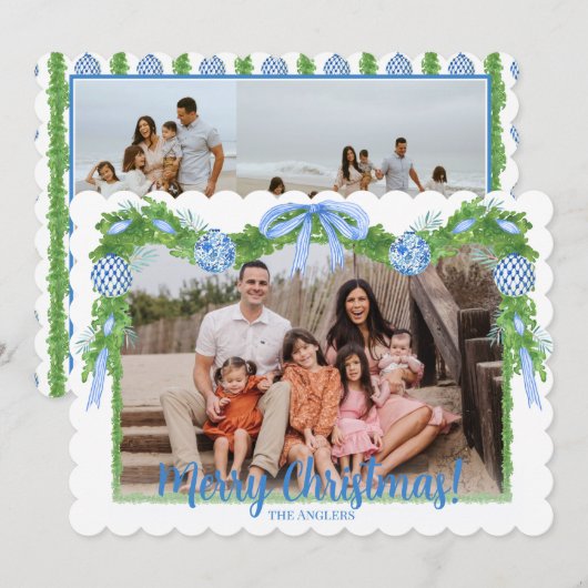 Blauw & Wit Chinoiserie Greenery, Grandmillenial Feestdagenkaart (Voorkant / Achterkant)