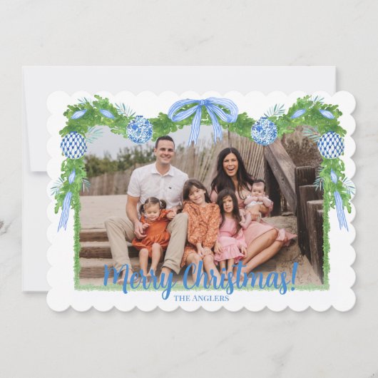 Blauw & Wit Chinoiserie Greenery, Grandmillenial Feestdagenkaart (Voorkant)