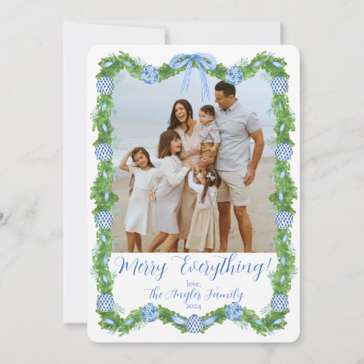 Blauw & Wit Chinoiserie Greenery, Grandmillenial Feestdagenkaart (Voorkant)