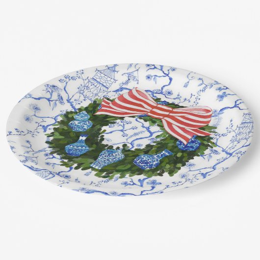 Blauw & Wit Chinoiserie Kerstkrans Papieren Bordje (Gekanteld)