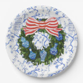 Blauw & Wit Chinoiserie Kerstkrans Papieren Bordje (Voorkant)