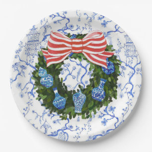Blauw & Wit Chinoiserie Kerstkrans Papieren Bordje