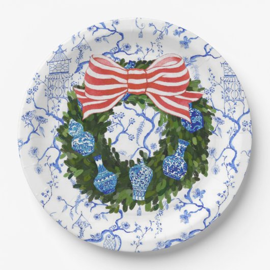 Blauw & Wit Chinoiserie Kerstkrans Papieren Bordje (Voorkant)