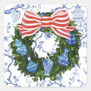 Blauw & Wit Chinoiserie Kerstkrans Vierkante Sticker