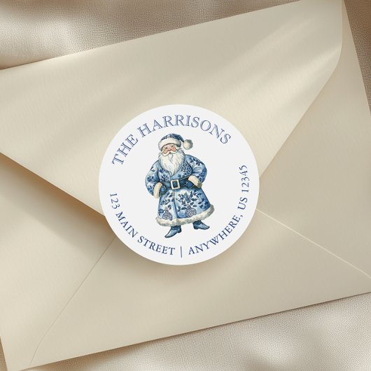 Blauw-wit Chinoiserie Kerstman Adres Ronde Sticker