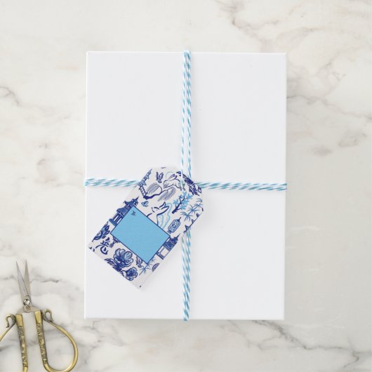 Blauw & Wit Chinoiserie Konijn Gift Label Cadeaulabel (Met Touw)