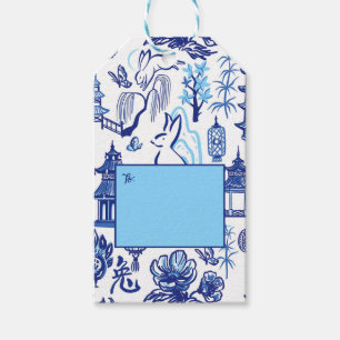 Blauw & Wit Chinoiserie Konijn Gift Label Cadeaulabel